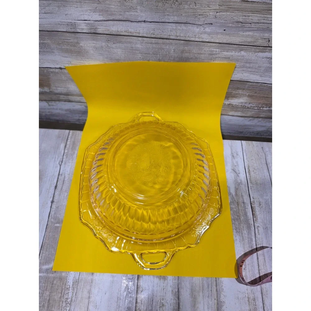 Vintage‎ Amber Depression Glass Floral Etched Ribbed Serving Bowl with Handles